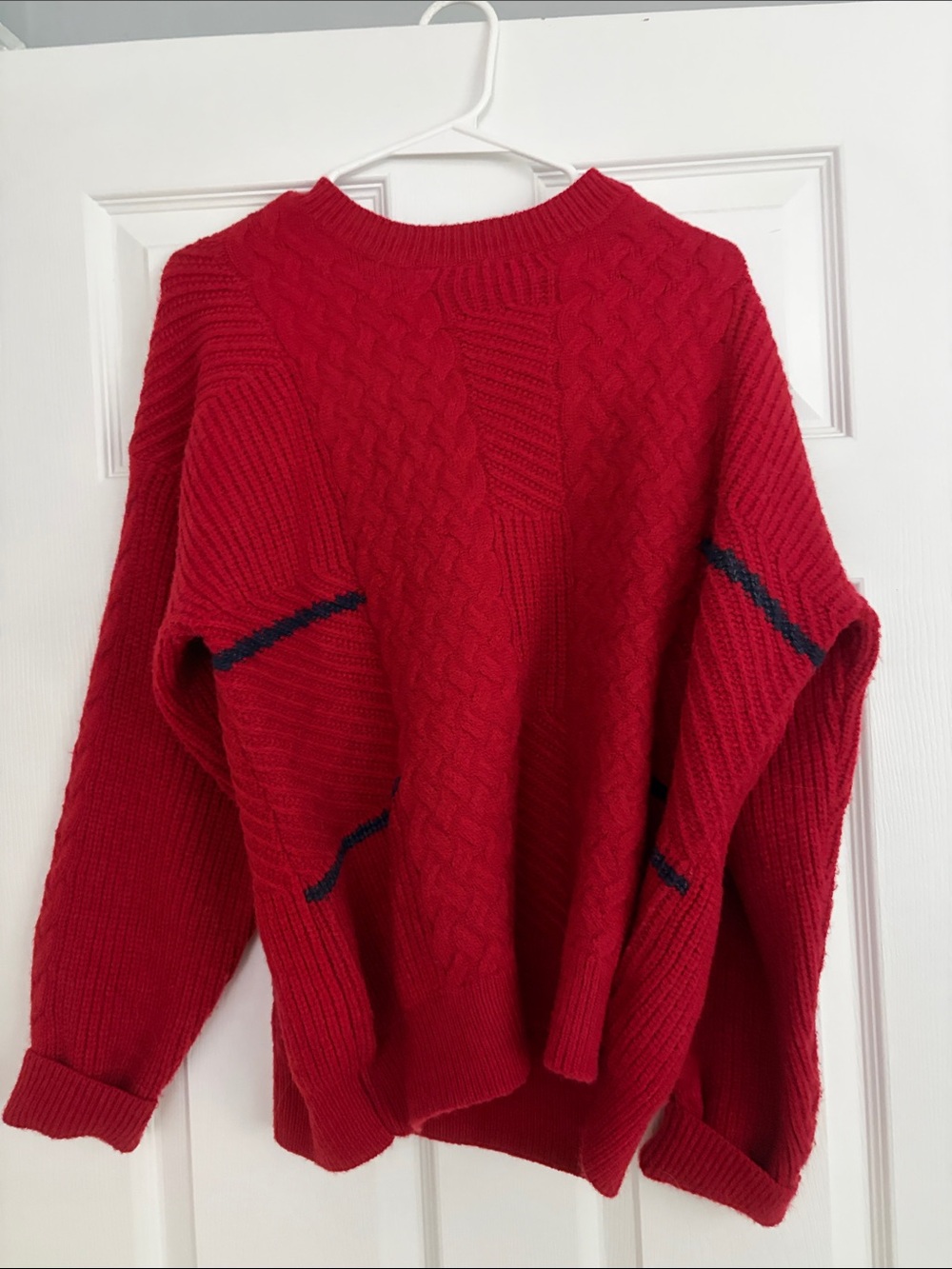 Listicle Red Cable-Knit Crewneck Sweater with Navy Trim